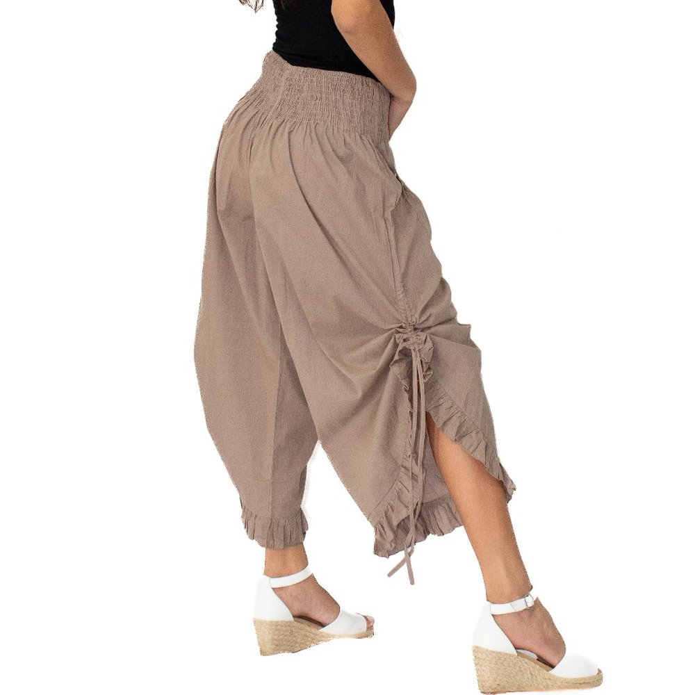 Taupe Solid Bottom Tie & Ruffle Pant